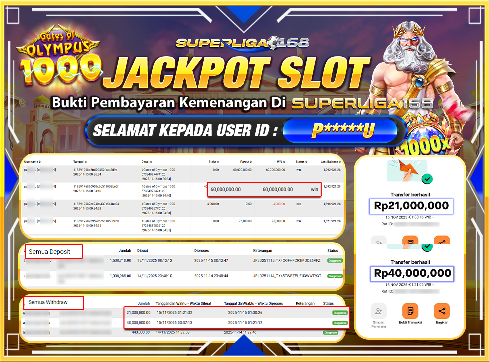 SUPERLIGA168 JACKPOT GATES OF OLYMPUS 1000 RP.61,000,000-LUNAS